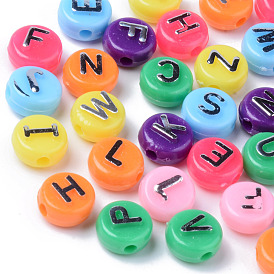 Opaque Acrylic Beads, Silver Metal Enlaced, Horizontal Hole, Flat Round with Random Letters