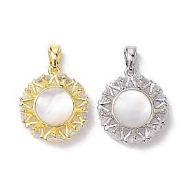 Rack Plating Brass Pave Clear Cubic Zirconia Pendants, Flat Round Charms with Shell