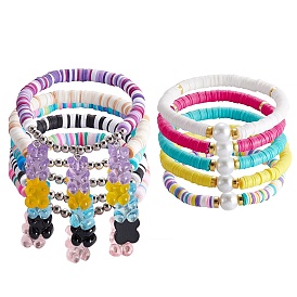 Bracelets à breloques extensibles en argile polymère perles heishi, avec perles rondes en fer plaqué platine et sac en velours