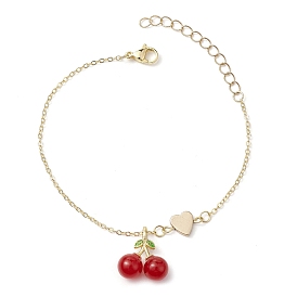 Non-magnetic Synthetic Hematite Brass Cable Chain Link Bracelets, Cherry Handmade Lampwork Charm Bracelets for Women