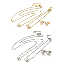 Плоские круглые пластиковые ожерелья, браслеты и серьги-пусеты с имитацией жемчуга, 304 комплект украшений из нержавеющей стали для женщин