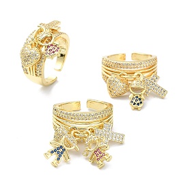 Rack Plating Brass Micro Pave Cubic Zirconia Open Cuff Rings, Cadmium Free & Lead Free, Long-Lasting Plated, Real 18K Gold Plated