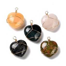 Pendentifs naturelles mixtes de pierre, avec du vrai fil de cuivre écologique plaqué or 18k, cœur