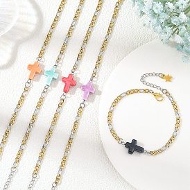 Pulseras de eslabones cruzados de porcelana hechas a mano, Pulseras Figaro de acero inoxidable bicolor para mujer, acero color oro y acero