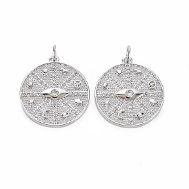 Brass Micro Pave Clear Cubic Zirconia Pendants, Nickel Free, Flat Round with Compass