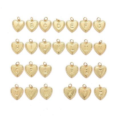 26 шт. 26 стили латунные инициальные подвески, подвески в виде сердца с буквами a~z и соединительными кольцами, долговечный, без свинца, без кадмии и без никеля, стойки покрытие