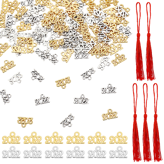 5 Strands Polyester Tassel Decorations and 100Pcs 2 Colors Tibetan Style Alloy Charms, Pendant Decorations, Graduation Theme