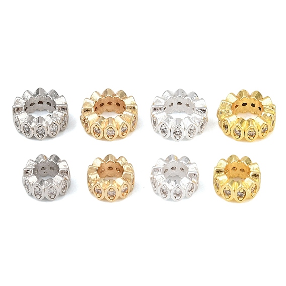 Плоские круглые латунные микропаве прозрачные кубические циркониевые европейские бусины, бусины с большим отверстием, стойки покрытие, долговечный, без свинца и без кадмия