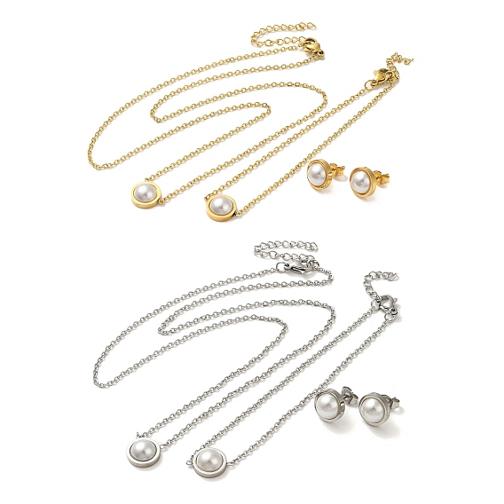 Плоские круглые пластиковые ожерелья, браслеты и серьги-пусеты с имитацией жемчуга, 304 комплект украшений из нержавеющей стали для женщин