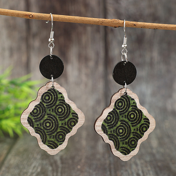 Bohemian Printed Wood & Zinc Alloy Dangle Earrings, Rhombus