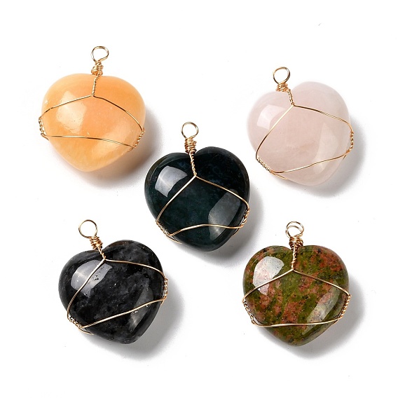Natural Mixed Stone Pendants, with Real 18K Gold Plated Eco-Friendly Copper Wire, Heart