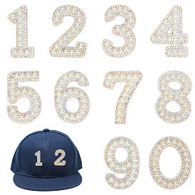 10Pcs Non-woven Fabric Clothing Patches, Number 0~9, with Acrylic and ABS Plastic Imitation Pearl