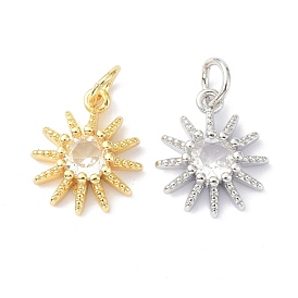 Brass Cubic Zirconia Charms, with Jump Ring, Long-Lasting Plated, Lead Free & Cadmium Free, Sun