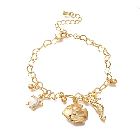 Marine Organism Brass Charm Bracelets for Women Girl, with Clear Cubic Zirconia