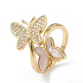 Natural Shell Butterfly Open Cuff Ring with Cubic Zirconia, Rack Plating Brass Jewelry for Women, Lead Free & Cadmium Free
