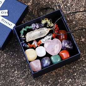 Ensemble de pierres de guérison mixtes naturelles pour la méditation reiki, avec 9pcs roulés et pierre de cœur & 1pc collier pendentif pépites, 1 bracelet perlé à puce PC