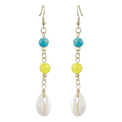Cowrie Shell and Synthetic Turquoise & Natural Mashan Jade Dangle Earrings for Women, Shell