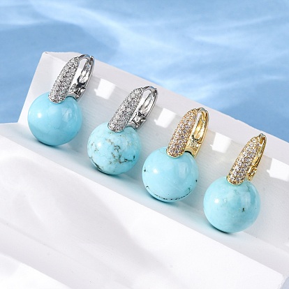 Круглые серьги-кольца из латуни с микропаве из прозрачных кубических цирконий, с синтетическими бирюзовый, стойки покрытие, долговечный, без кадмия и без свинца