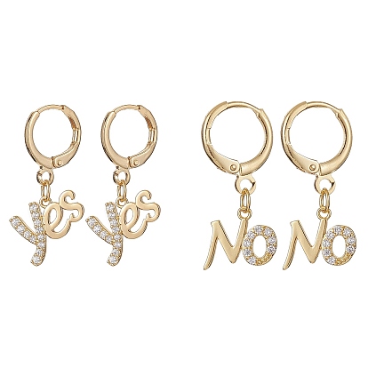 2 Pairs 2 Style Clear Cubic Zirconia Word Yes & No Dangle Leverback Earrings Sets, Brass Jewelry