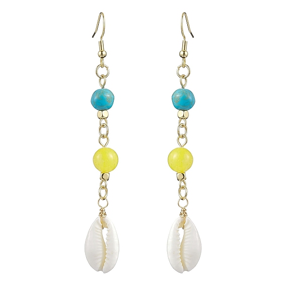 Cowrie Shell and Synthetic Turquoise & Natural Mashan Jade Dangle Earrings for Women, Shell