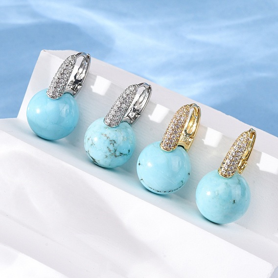 Круглые серьги-кольца из латуни с микропаве из прозрачных кубических цирконий, с синтетическими бирюзовый, стойки покрытие, долговечный, без кадмия и без свинца