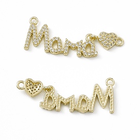 Rack Plating Brass Micro Pave Clear Cubic Zirconia Connector Charms, Mother's Day Links Word Mama with Heart for Women, Cadmium Free & Lead Free, Long-Lasting Plated