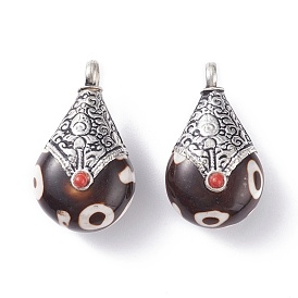 Tibetan Style Teardrop Beads, Resin Imitation Beeswax, with Antique Silver Brass Findings