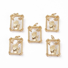 Brass Micro Pave Clear Cubic Zirconia Pendants, with Shell & Jump Rings, Rectangle with Hand & Star & Moon