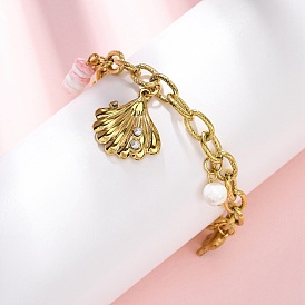 304 браслеты из тросовой цепи из нержавеющей стали, с ракушкой и пластиковой жемчужиной, ионное покрытие (ip), формы раковины