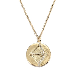 Brass Micro Pave Clear Cubic Zirconia Pendant Necklaces, with 304 Stainless Steel Cable Chains, Flat Round with Bow and Arrow