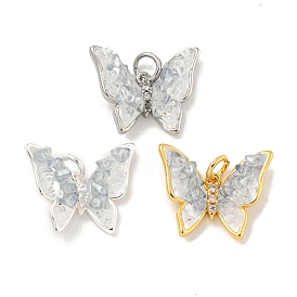 Natural Quartz Crystal Pendants, Brass Pave Clear Cubic Zirconia Butterfly Charms with Enamel & Jump Rings
