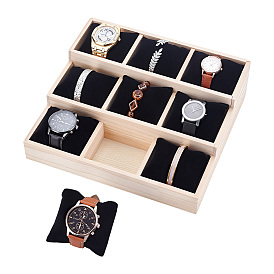 3-Tier 9 Grids Wood Bracelet Display Stands, Jewelry Organizer Holder for Bangle Bracelet Watch Storage, with Pillow Inside, Rectangle