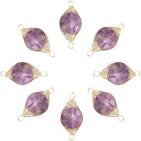 ARRICRAFT Natural Amethyst Links/Connectors, Wire Wrapped Links, with Golden Tone Brass Wires, Faceted, Flat Round