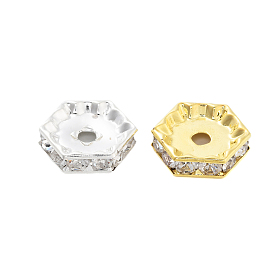 Rack Plating Brass Rhinestone Spacer Beads, Cadmium Free & Lead Free, Long-Lasting Plated, Hexagon