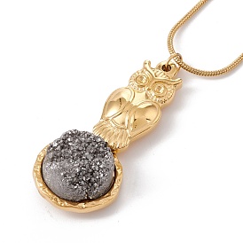 Natural Quartz Owl with Flat Round Pendant Necklace with 304 Stainless Steel Snake Chain, Druzy Gemstone Jewelry for Women, Golden