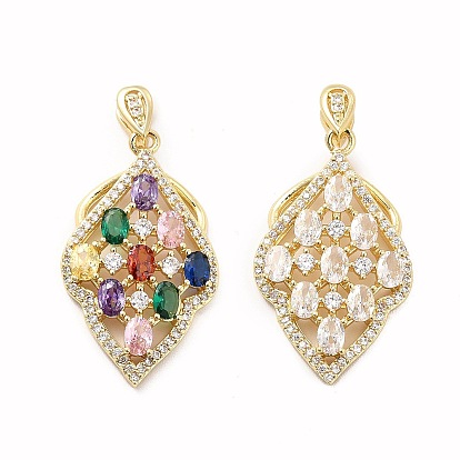 Brass Micro Pave Clear Cubic Zirconia Pendants, with Glass, Leaf, Real 18K Gold Plated