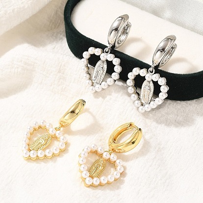 Латунные серьги обруча, с абс пластмассовой имитационной жемчужиной, долговечный, без свинца и без кадмия, очарование девы марии