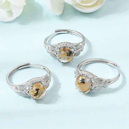 Brass Micro Pave Cubic Zirconia Finger Rings, Round with Butterfly, with Natural Gold Rutilated Quartz, Platinum