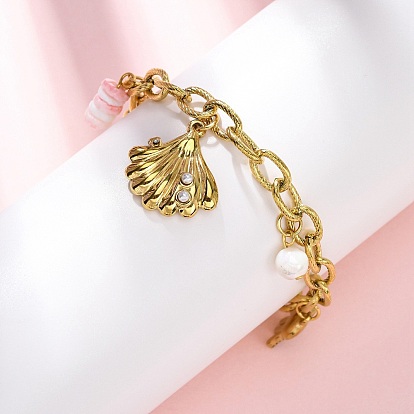 304 браслеты из тросовой цепи из нержавеющей стали, с ракушкой и пластиковой жемчужиной, ионное покрытие (ip), формы раковины