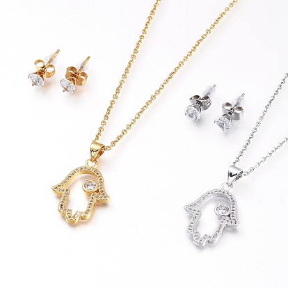 Brass Cubic Zirconia Pendant Necklaces & Stud Earrings Jeweley Sets, with 304 Stainless Steel Cable Chains, Lobster Claw Clasps and Ear Nuts, Hamsa Hand/Hand of Fatima/Hand of Miriam