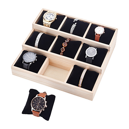 3-Tier 9 Grids Wood Bracelet Display Stands, Jewelry Organizer Holder for Bangle Bracelet Watch Storage, with Pillow Inside, Rectangle