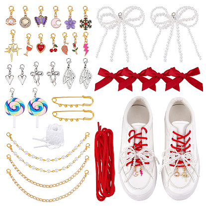 40шт. подвески для обуви из искусственного жемчуга из сплава и пластика, а также алюминиевые цепочки и шнурки для ремешков для ботинок и наборы железных брошей, Сплав с застежками когтя омара