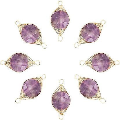 Natural Amethyst Links/Connectors, Wire Wrapped Links, with Golden Tone Brass Wires, Faceted, Flat Round