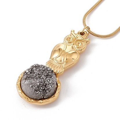 Natural Quartz Owl with Flat Round Pendant Necklace with 304 Stainless Steel Snake Chain, Druzy Gemstone Jewelry for Women, Golden