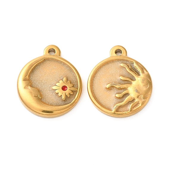 Светящиеся 304 подвески из нержавеющей стали, с эмалью, светится в темноте, золотые, плоский круглый с шармом солнца и луны