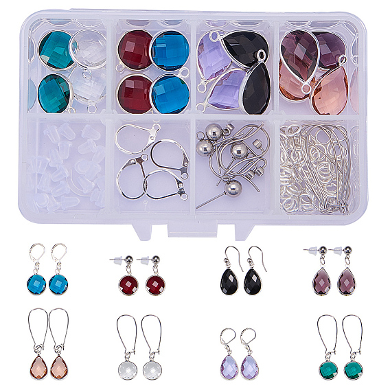 Earring Making, with Silver Tone Brass Glass Drop Pendant, Silver Tone Brass Glass Flat Round Pendants, Brass Leverback Hoop Earring