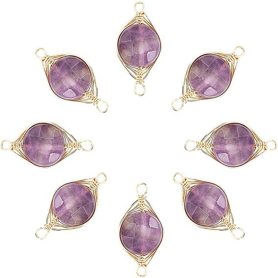 Natural Amethyst Links/Connectors, Wire Wrapped Links, with Golden Tone Brass Wires, Faceted, Flat Round