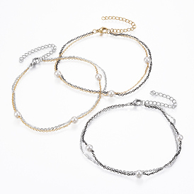 304 Stainless Steel Multi-Strand Anklets, with Lobster Clasps, Extender Chains and Acrylic Pearl Beads, Round