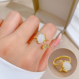 Adjustable White Jade Fox Zircon Ring - Simple Japanese Style Couple Ring.