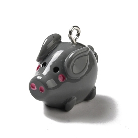 Opaque Resin Pendants, Pig Charms, with Platinum Tone Iron Findings